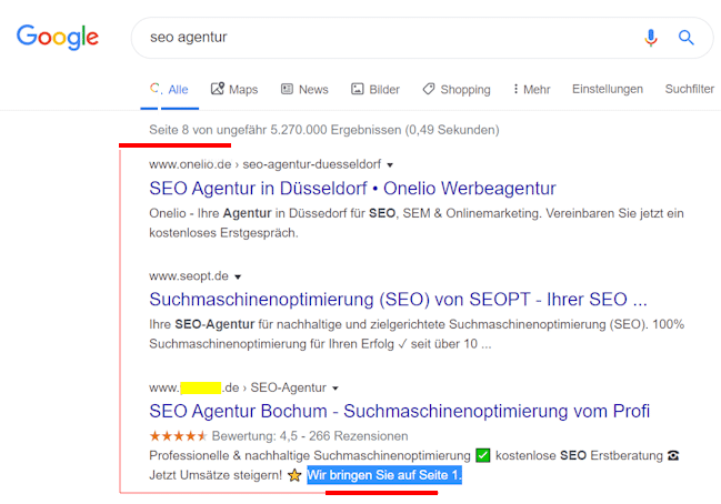 Screenshot von der achten Google-Ergebnisseite zur Keyword-Kombination 'seo agentur'.