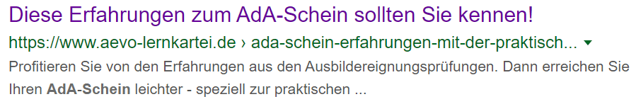 Das Snippet zeigt eine Überschrift, den URL der betreffenden Seite sowie eine Kurzbeschreibung zu dieser Seite.